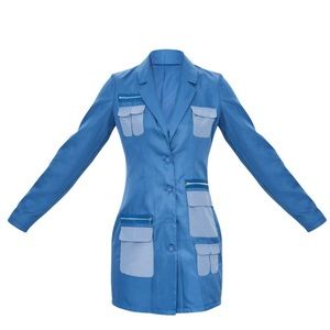 Blue Woven Multi Pocket Zip Detail Blazer Dress